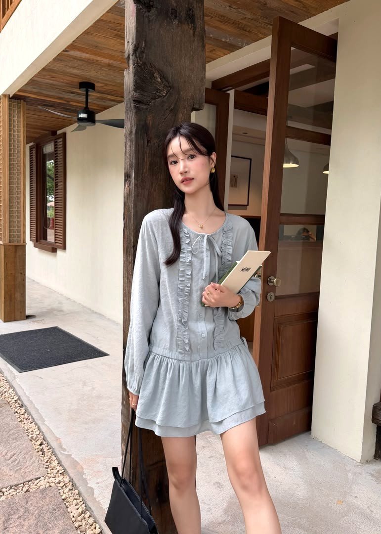 Erene Garden Ruffle Dress in Misty Blue