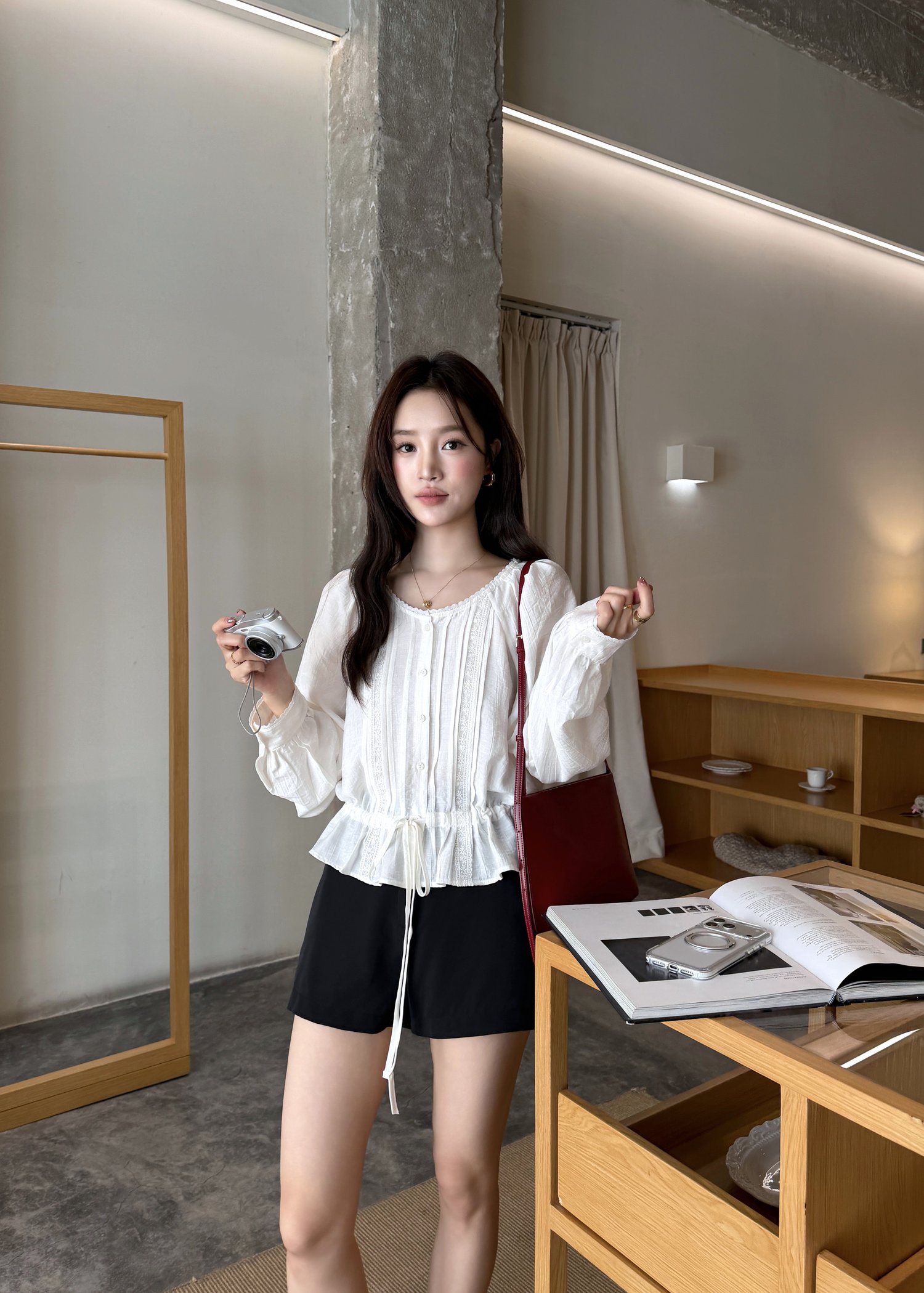 Elise Lacey Ribbon Blouse in White