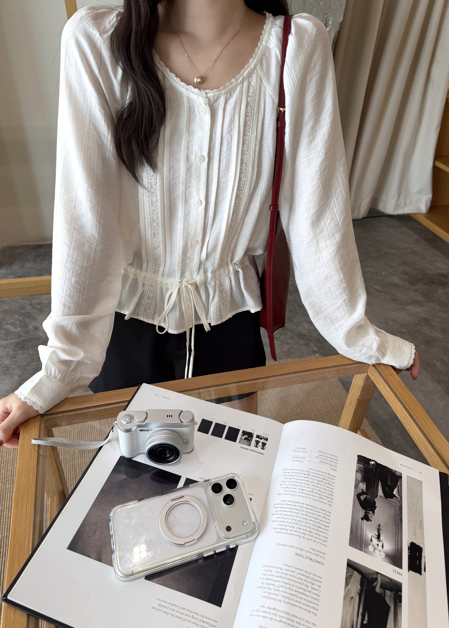Elise Lacey Ribbon Blouse in White