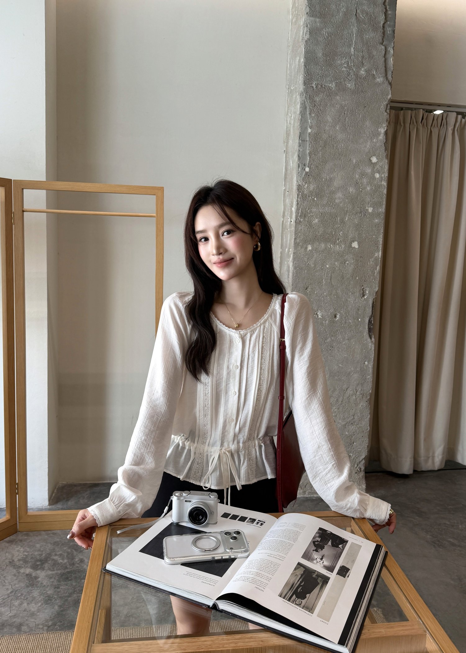 Elise Lacey Ribbon Blouse in White