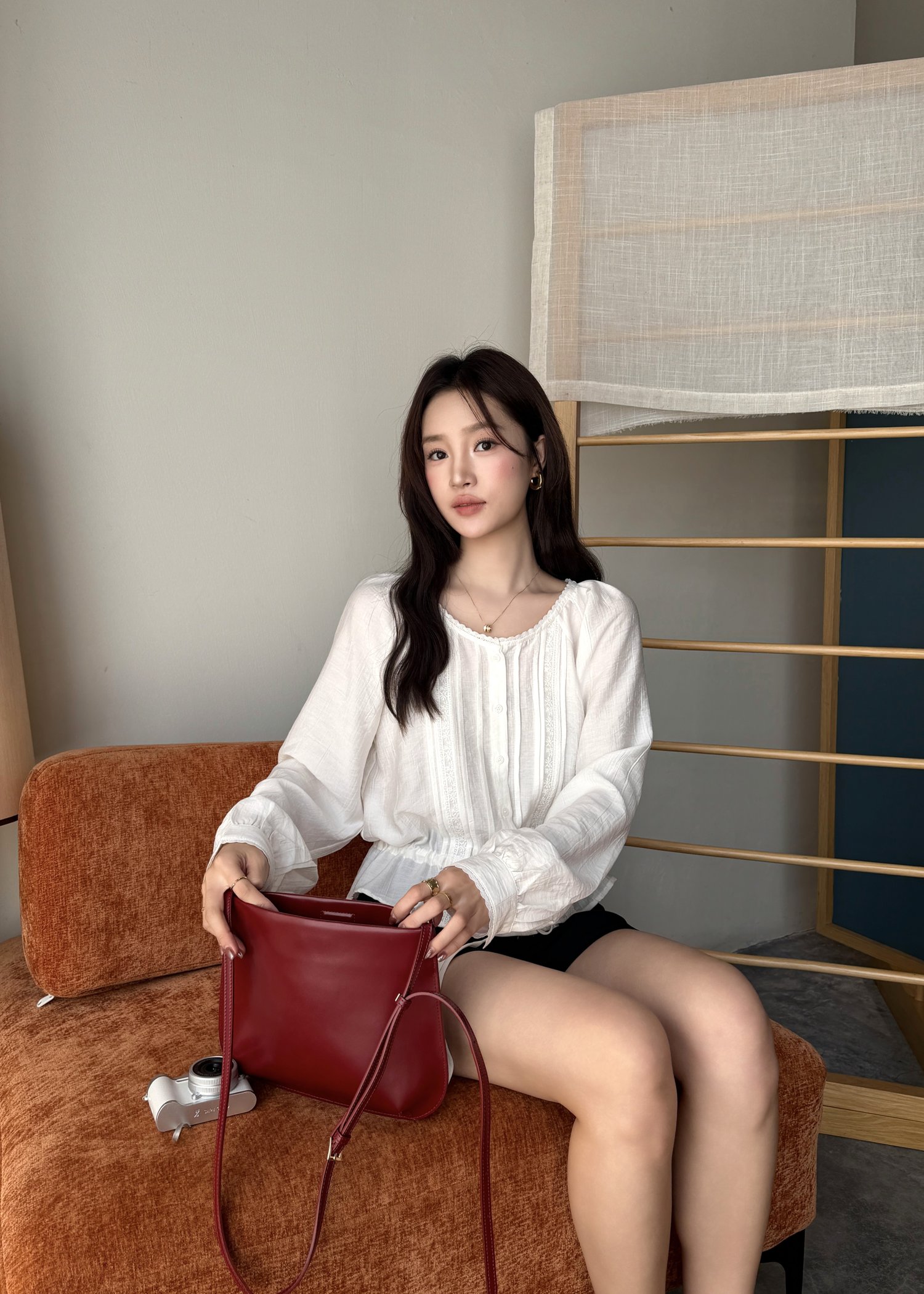 Elise Lacey Ribbon Blouse in White