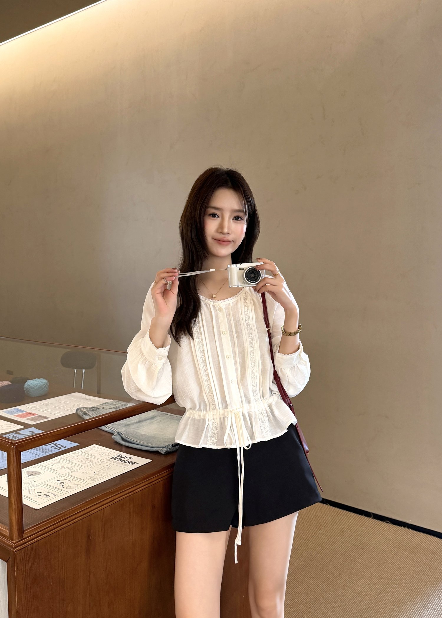 Elise Lacey Ribbon Blouse in White
