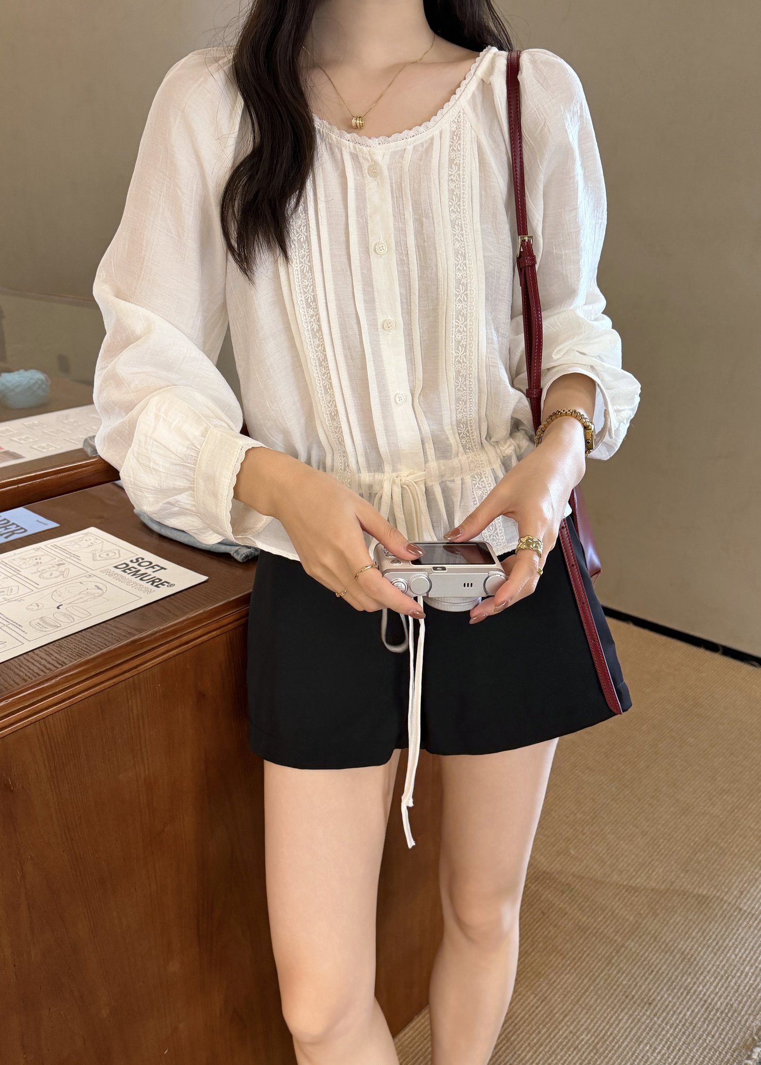 Elise Lacey Ribbon Blouse in White