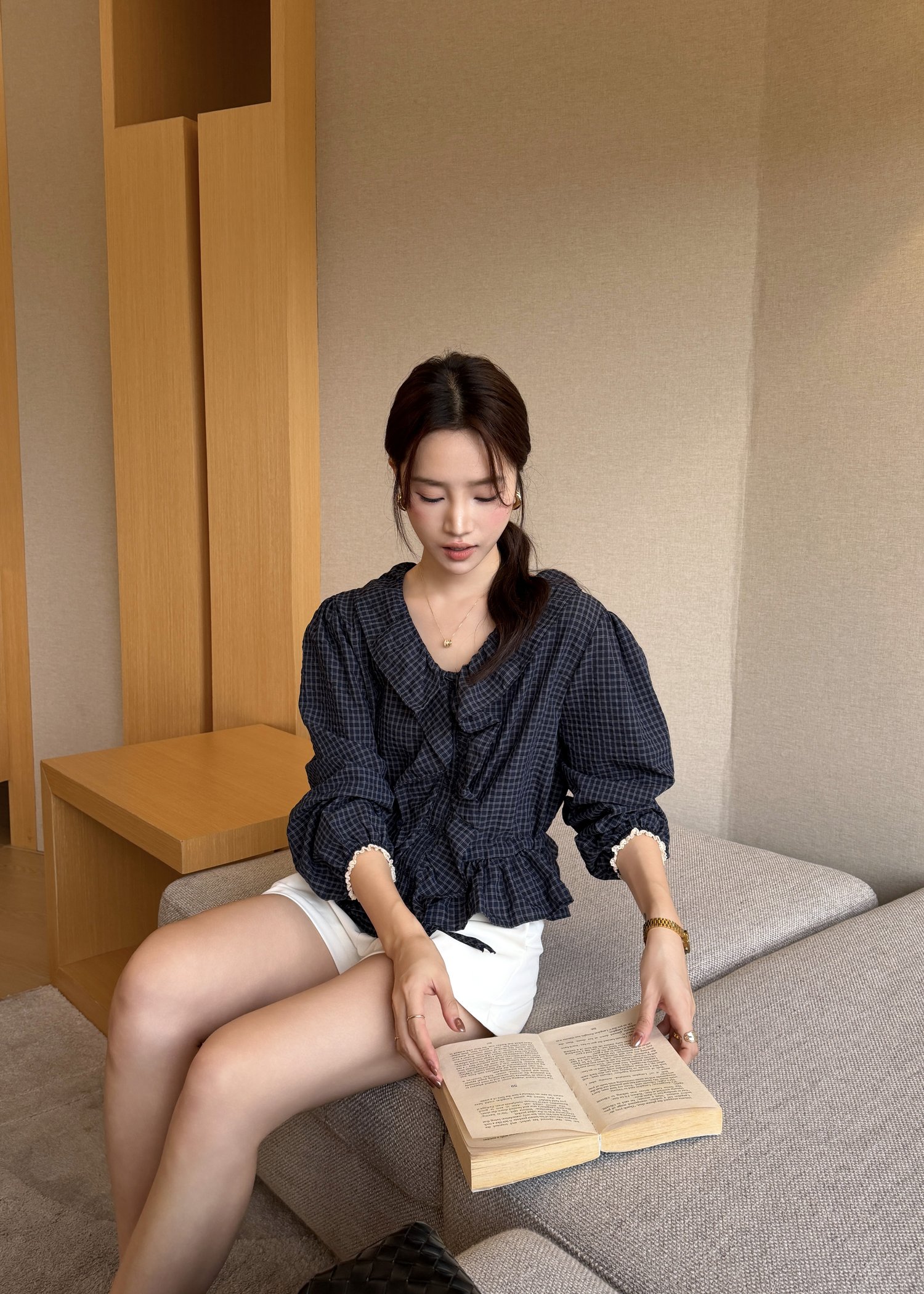 Audrey Ruffles Checkered in Navy Blue