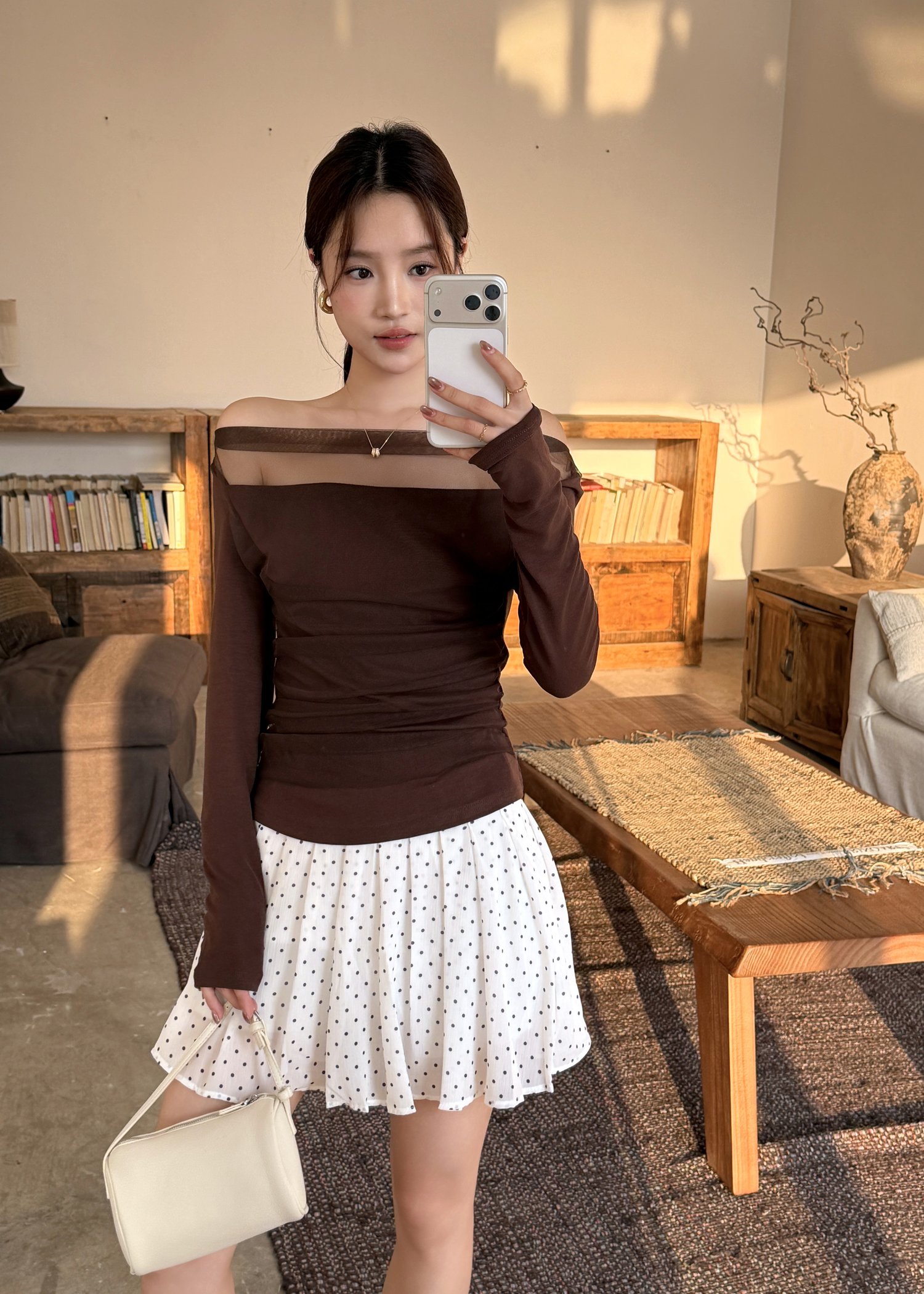 Pleated Polka Dot Skort in White