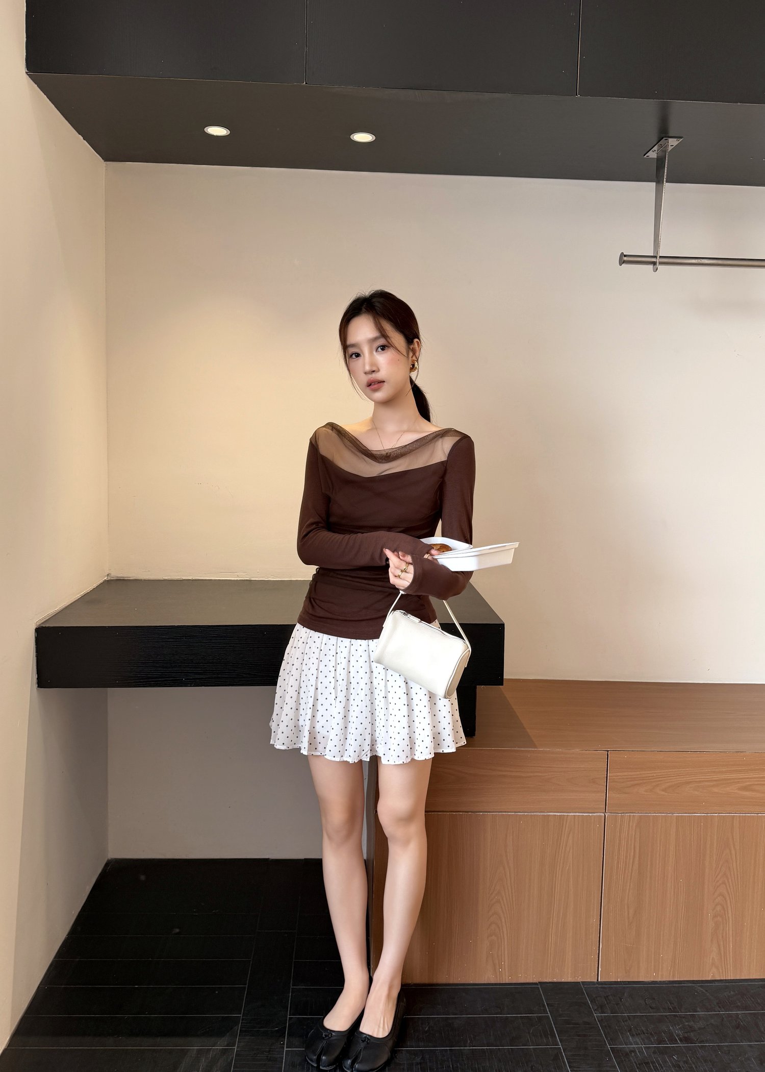 Pleated Polka Dot Skort in White