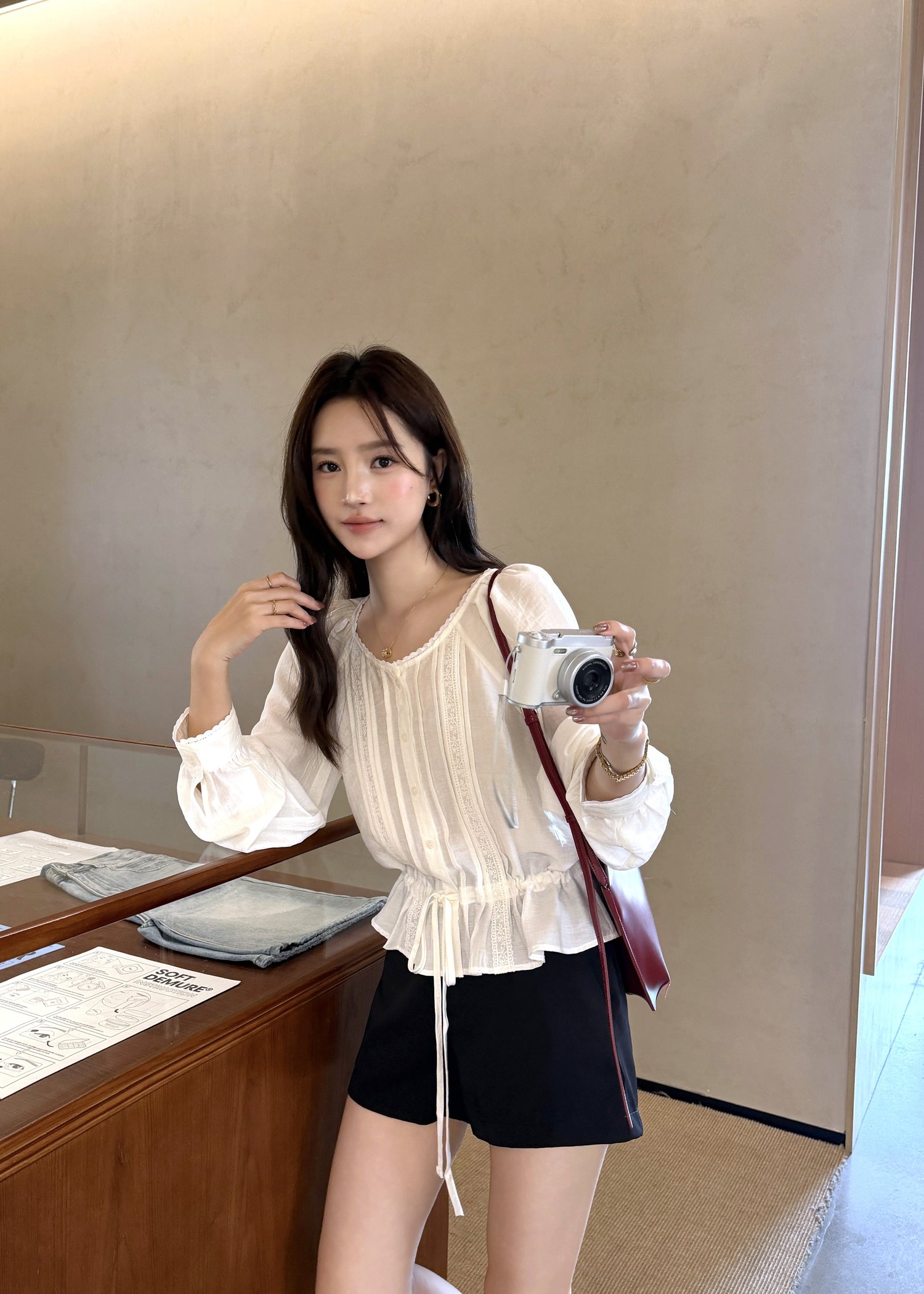 Elise Lacey Ribbon Blouse in White